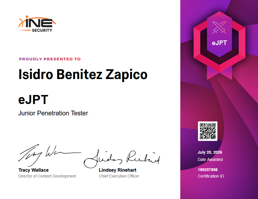 Certificado Oficial eJPT - Isidro Benitez Zapico