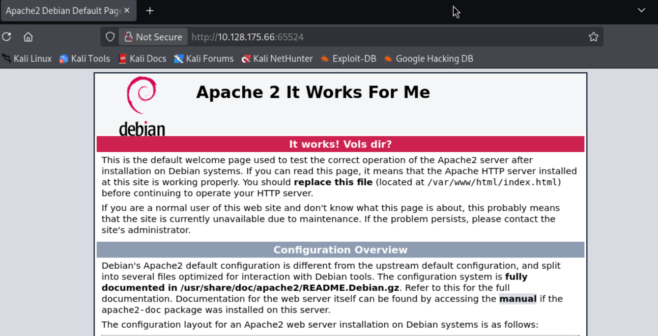 Página por defecto Apache en puerto 65524