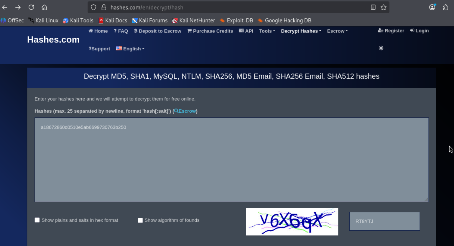 Consulta del hash en hashes.com