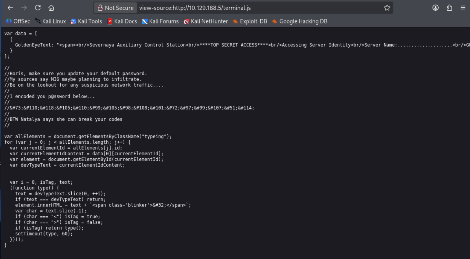 Comentario con contraseña codificada en terminal.js
