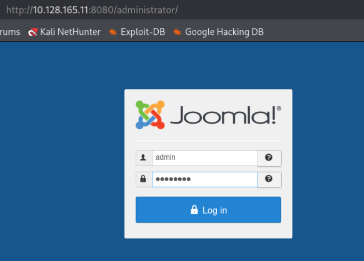 Panel de login de administración de Joomla